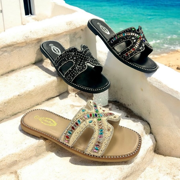 Italina Shoes - New! 2025 BEACHY Black Multicolor Elegant Beaded Women's Flat Sandals